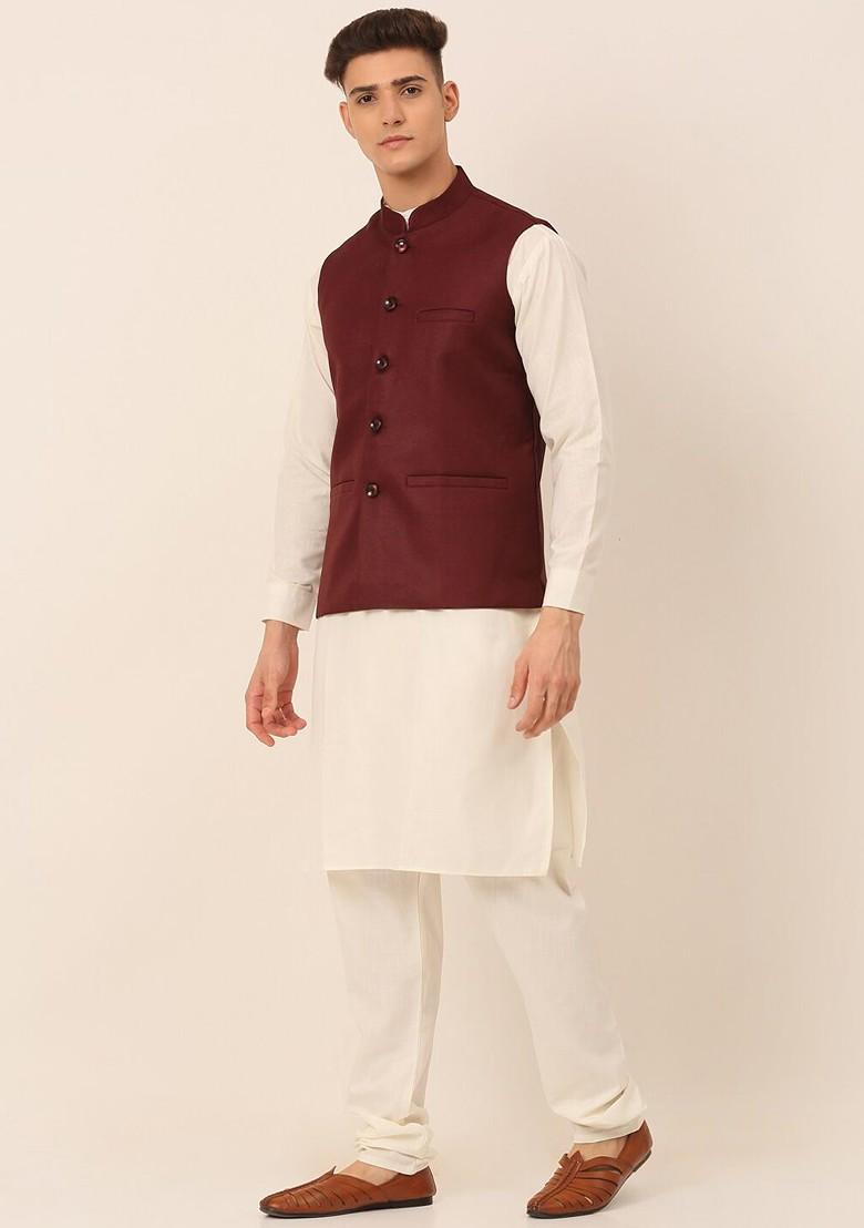 Maroon Embroidered Poly Blend Kurta Set For Men
