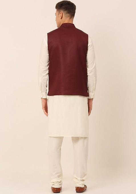 Maroon Embroidered Poly Blend Kurta Set For Men