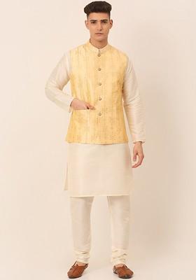 Gold Embroidered Poly Blend Kurta Set For Men