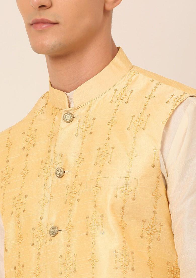 Gold Embroidered Poly Blend Kurta Set For Men