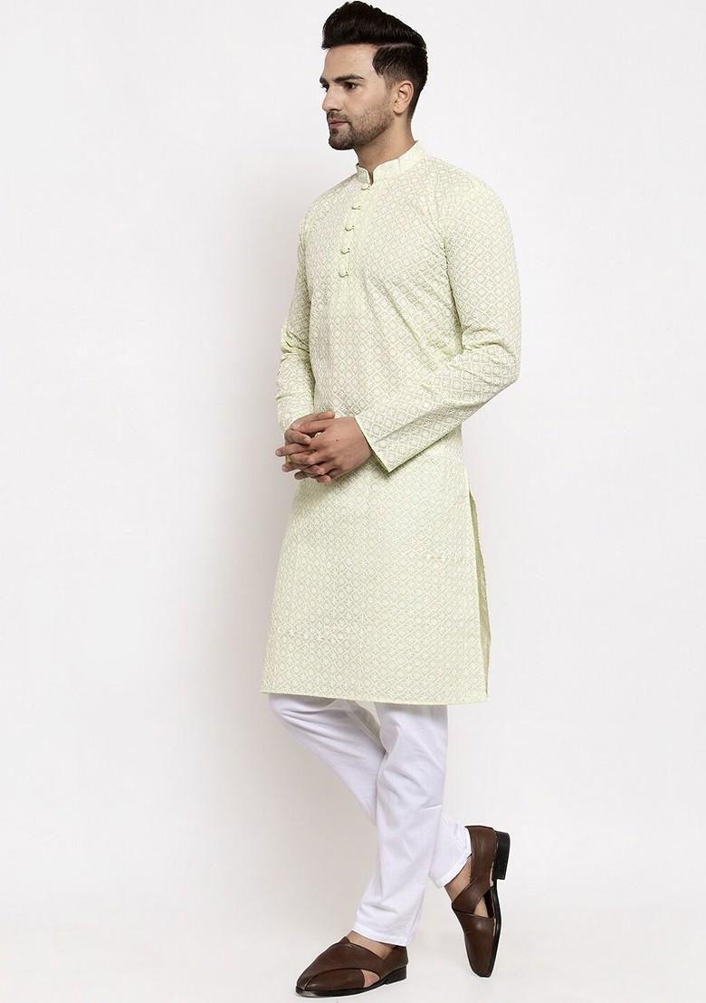Green Embroidered Poly Blend Kurta Set For Men
