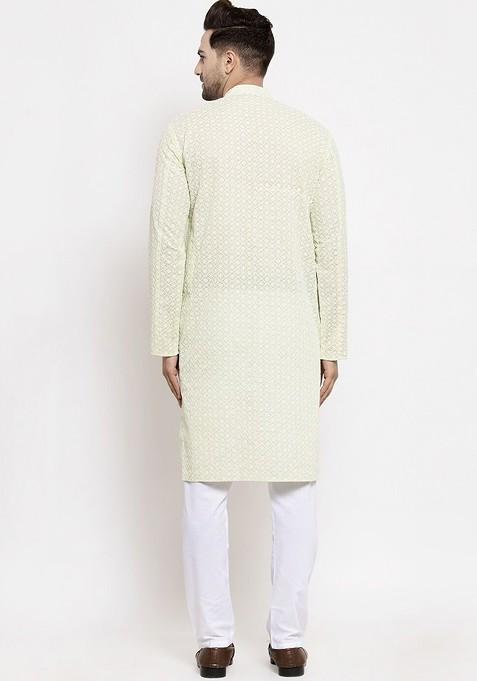 Green Embroidered Poly Blend Kurta Set For Men