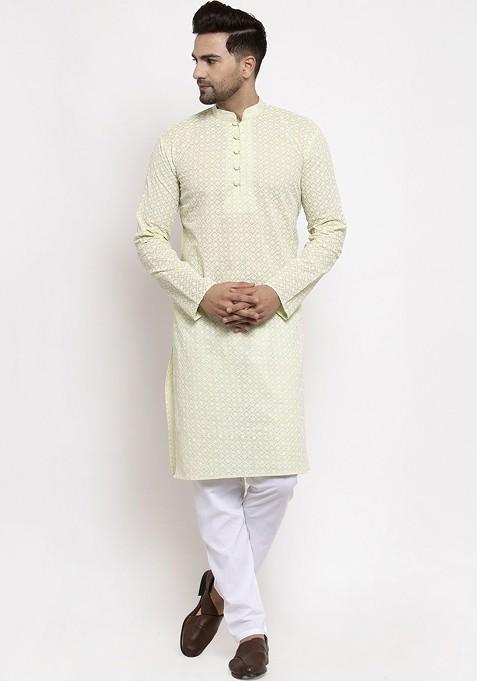 Green Embroidered Poly Blend Kurta Set For Men