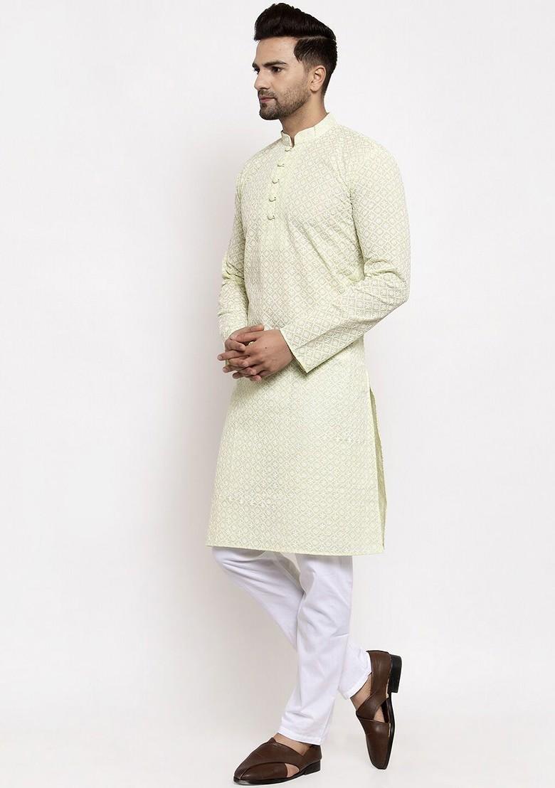 Green Embroidered Poly Blend Kurta Set For Men