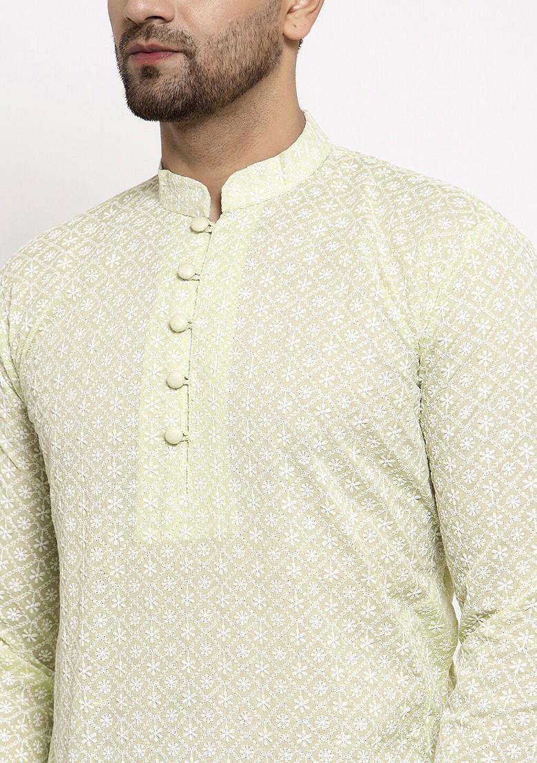 Green Embroidered Poly Blend Kurta Set For Men