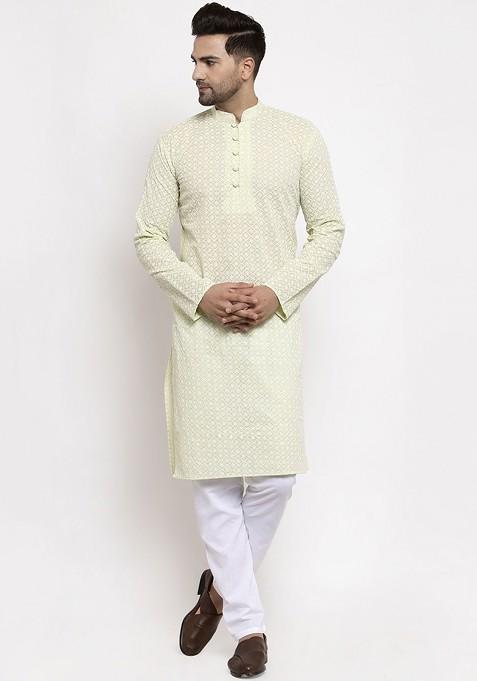 Green Embroidered Poly Blend Kurta Set For Men