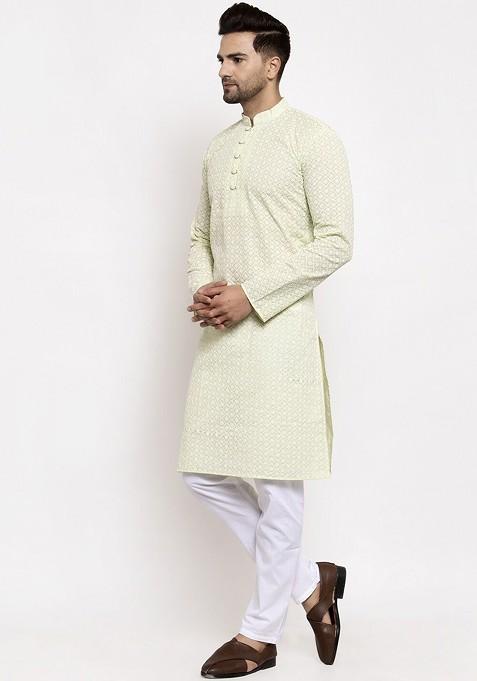 Green Embroidered Poly Blend Kurta Set For Men