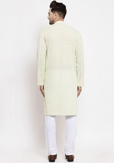 Green Embroidered Poly Blend Kurta Set For Men