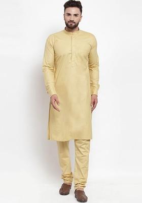 Beige Embroidered Poly Blend Kurta Set For Men