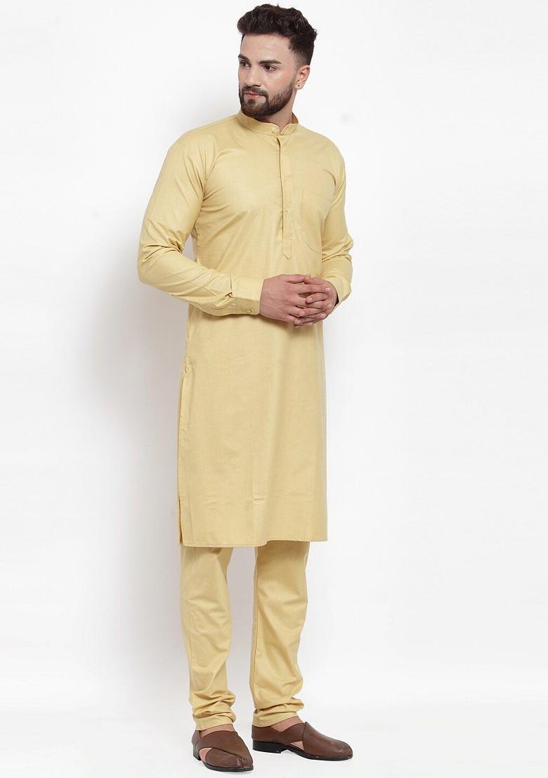 Beige Embroidered Poly Blend Kurta Set For Men