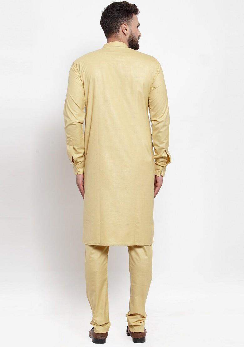 Beige Embroidered Poly Blend Kurta Set For Men