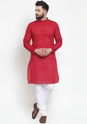 Maroon Embroidered Poly Blend Kurta Set For Men