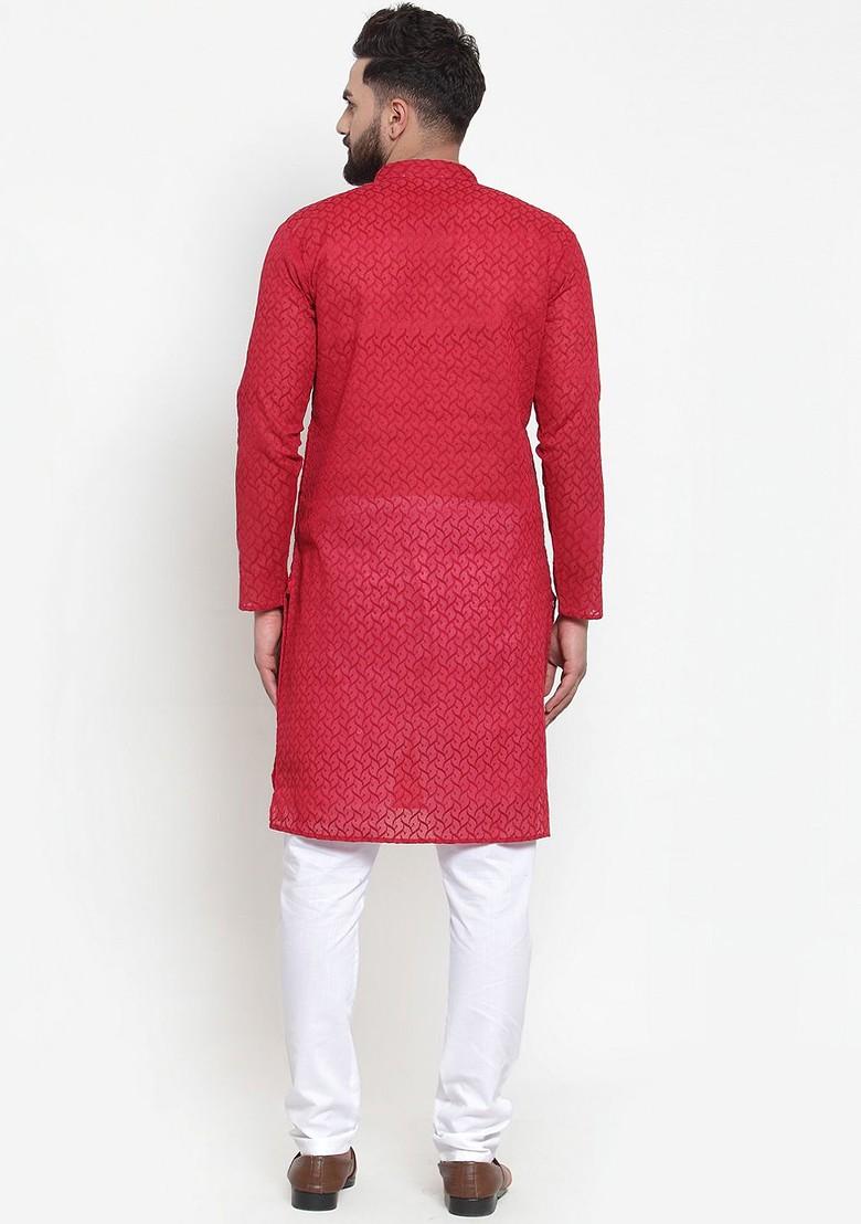 Maroon Embroidered Poly Blend Kurta Set For Men