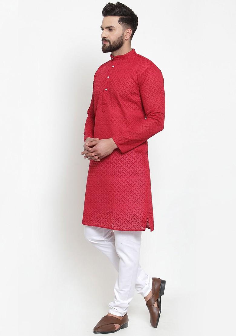 Maroon Embroidered Poly Blend Kurta Set For Men