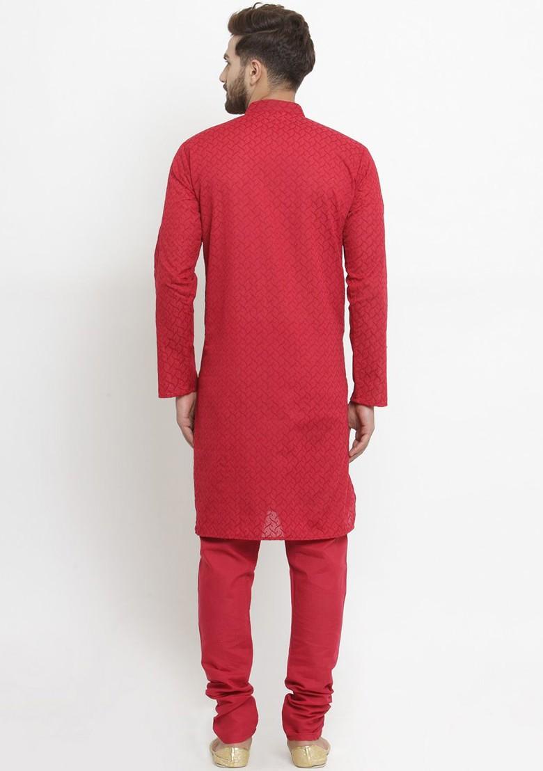 Maroon Embroidered Poly Blend Kurta Set For Men