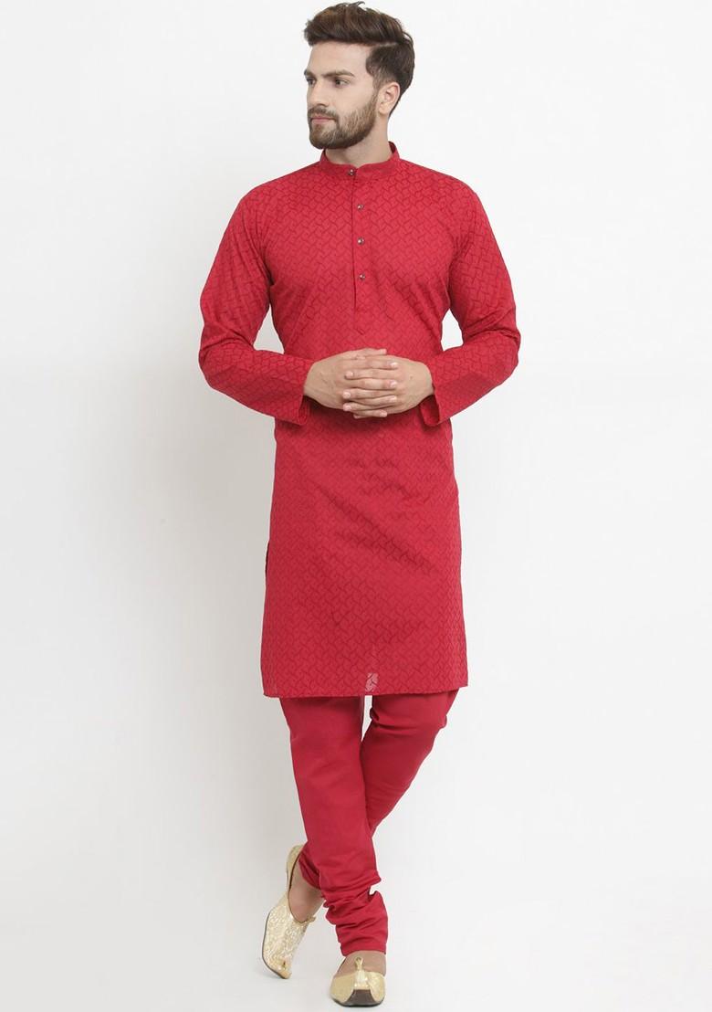 Maroon Embroidered Poly Blend Kurta Set For Men