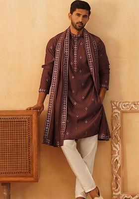 Purple Embroidered Poly Blend Kurta Set For Men