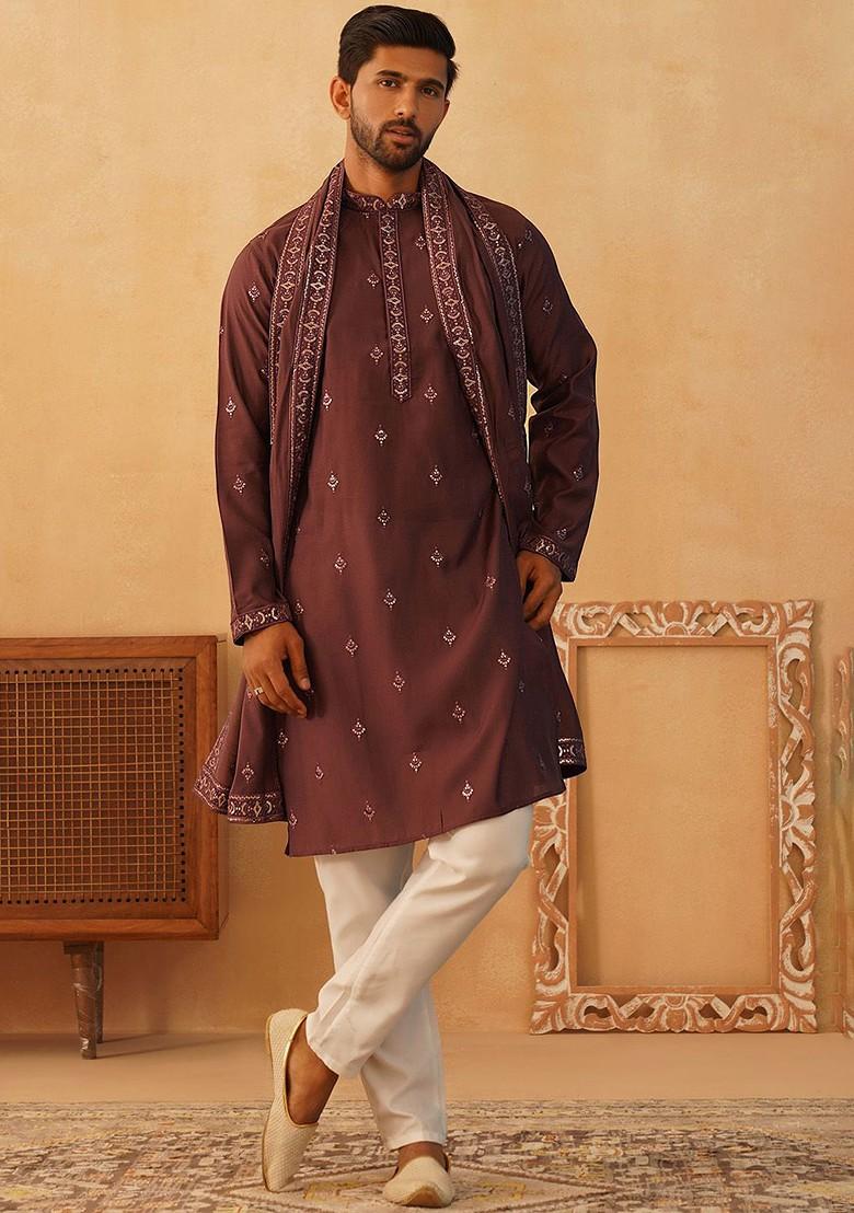Purple Embroidered Poly Blend Kurta Set For Men