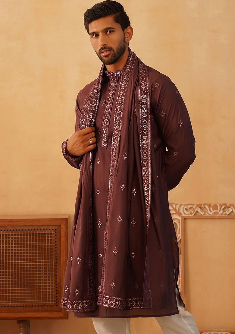 Purple Embroidered Poly Blend Kurta Set For Men