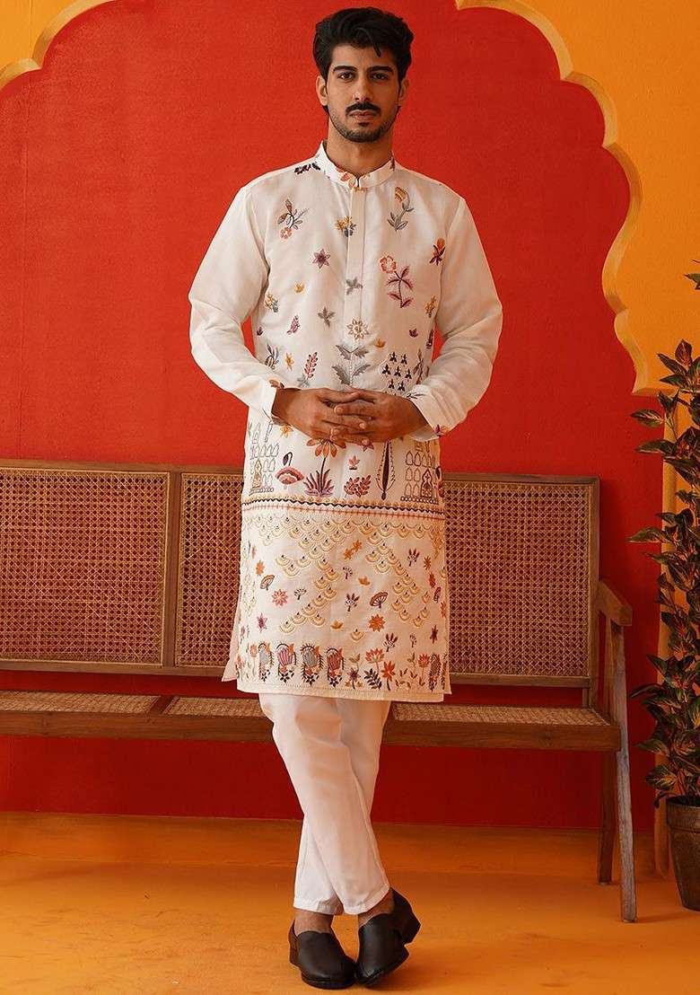 Beige Embroidered Poly Blend Kurta Set For Men - Indya