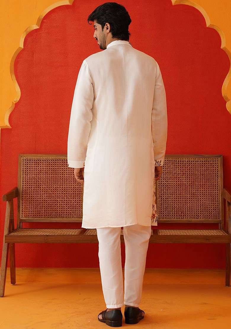 Beige Embroidered Poly Blend Kurta Set For Men - Indya