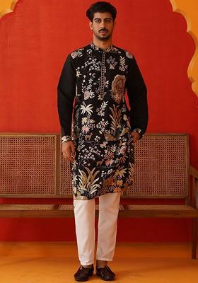 Brown Embroidered Poly Blend Kurta Set For Men