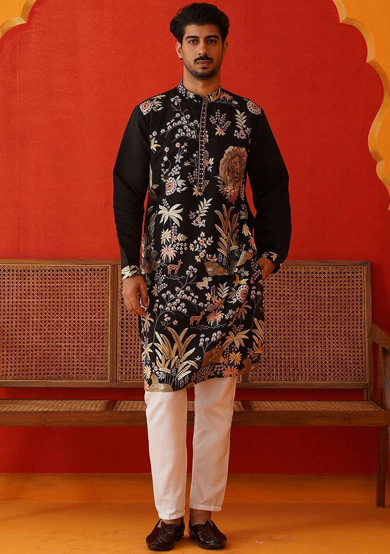 Brown Embroidered Poly Blend Kurta Set For Men - Indya
