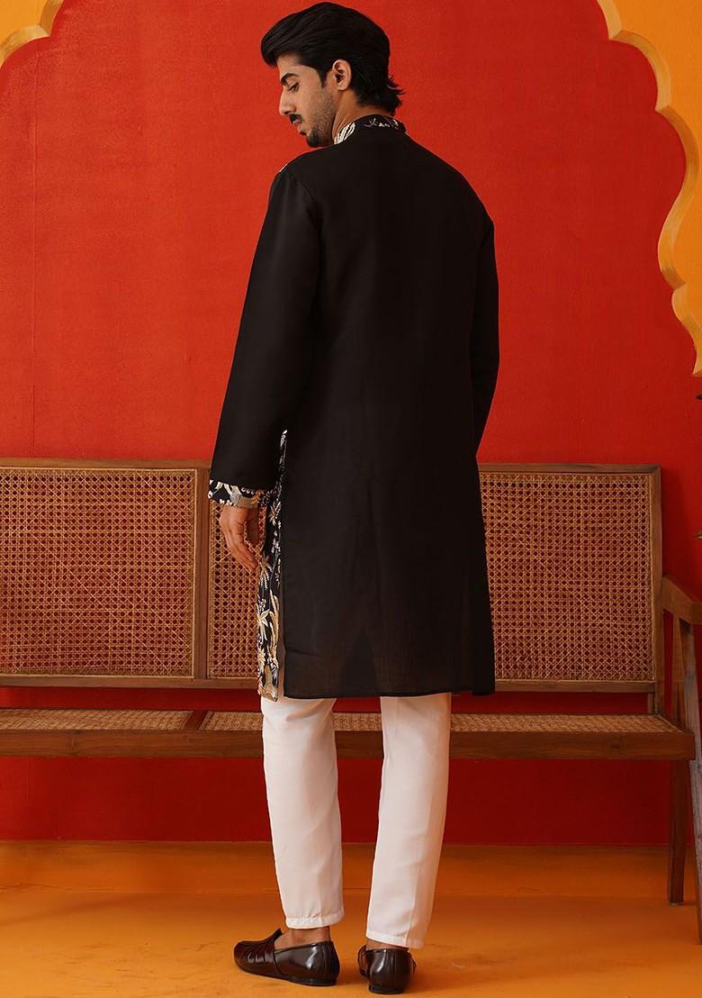 Brown Embroidered Poly Blend Kurta Set For Men