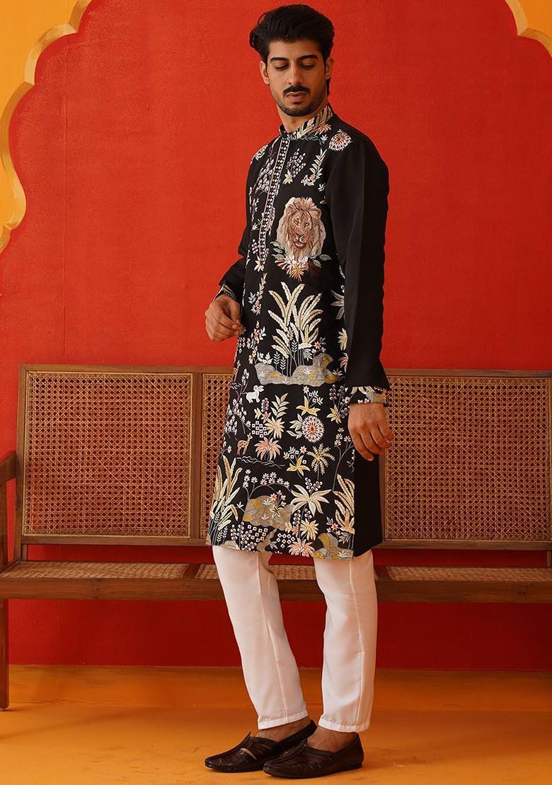 Brown Embroidered Poly Blend Kurta Set For Men