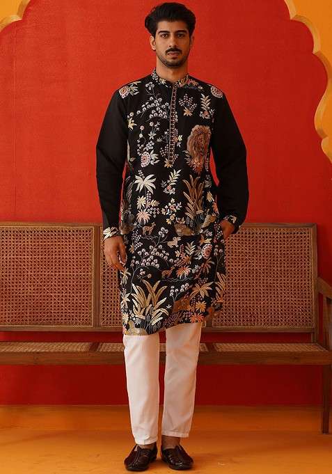 Brown Embroidered Poly Blend Kurta Set For Men