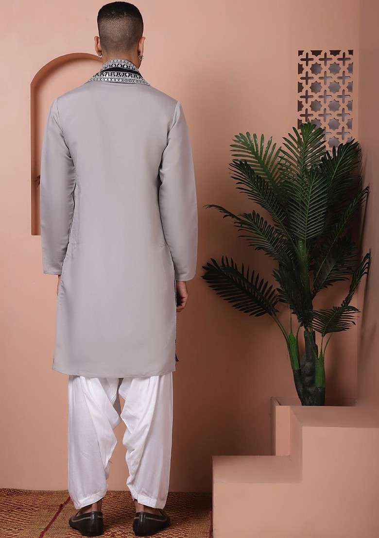 Grey Embroidered Poly Blend Kurta Set For Men - Indya