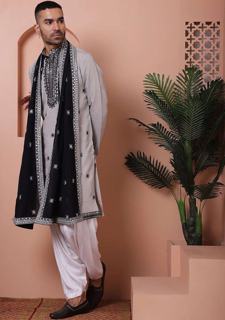 Grey Embroidered Poly Blend Kurta Set For Men - Indya