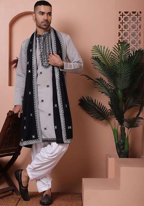 Grey Embroidered Poly Blend Kurta Set For Men