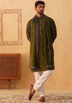 Olive Embroidered Poly Blend Kurta Set For Men