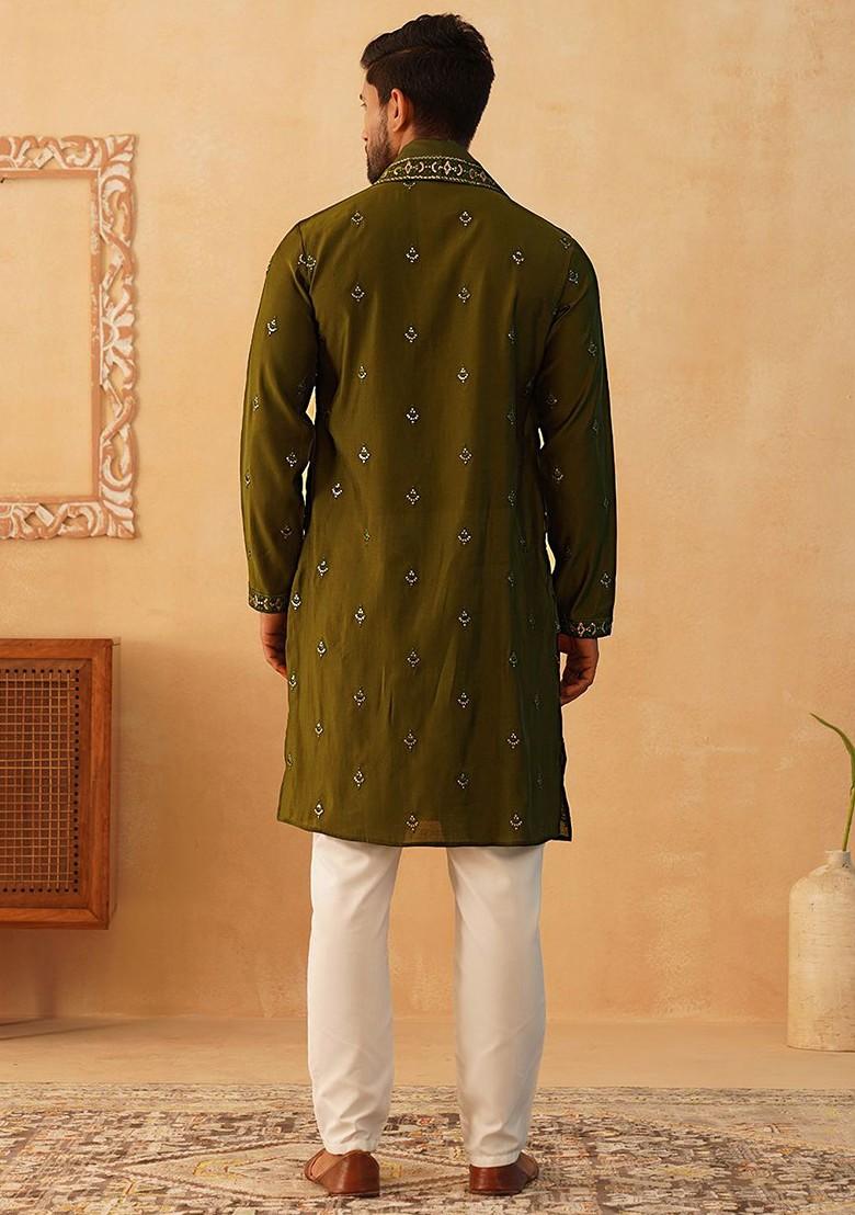 Olive Embroidered Poly Blend Kurta Set For Men