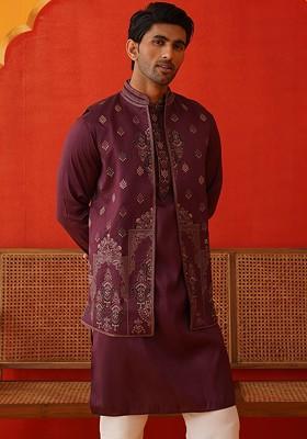 Purple Embroidered Poly Blend Kurta Set For Men