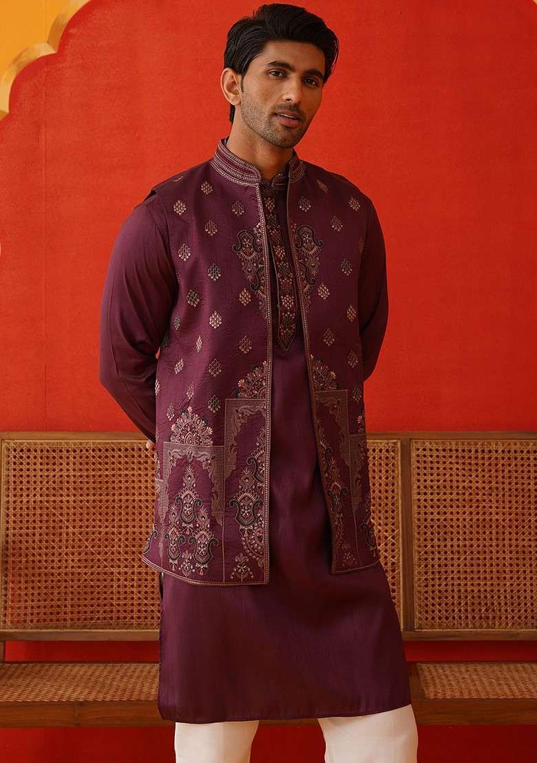 Purple Embroidered Poly Blend Kurta Set For Men - Indya