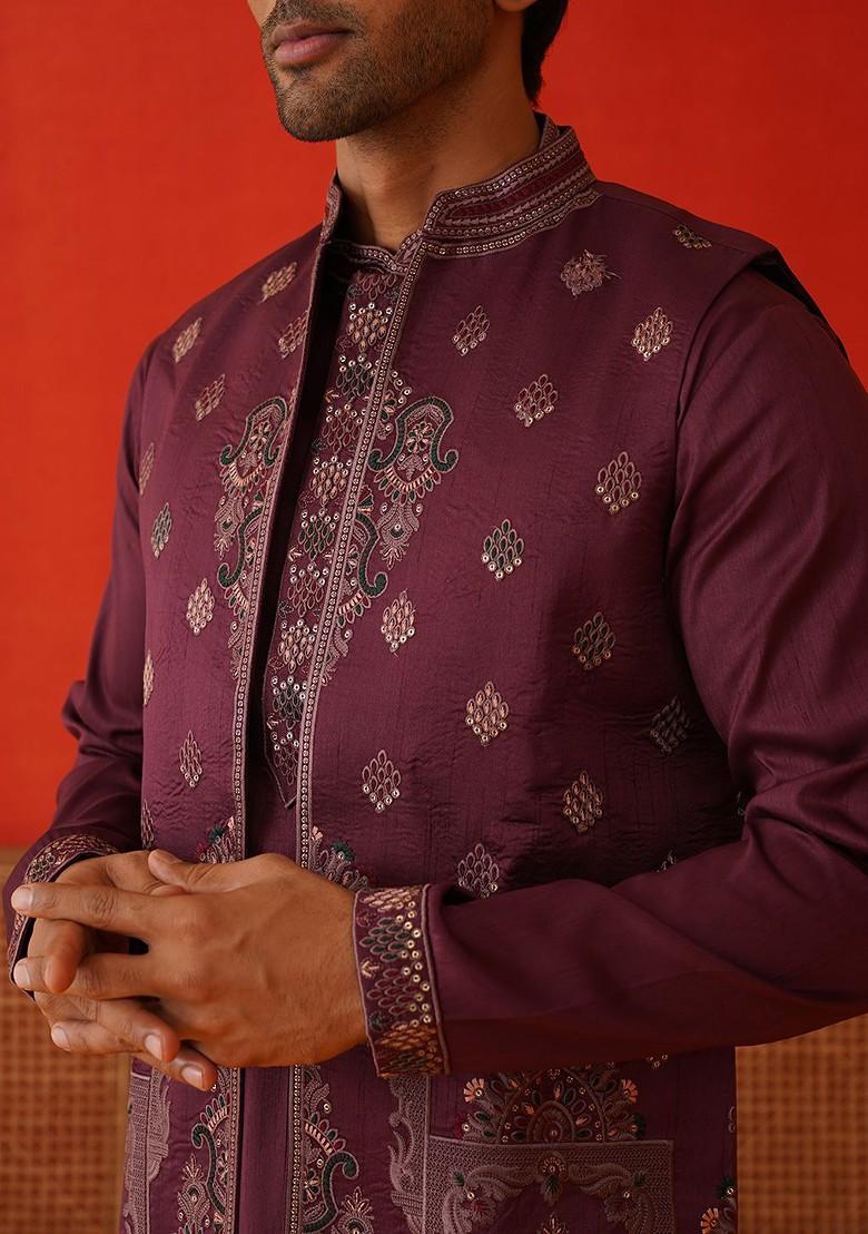 Purple Embroidered Poly Blend Kurta Set For Men