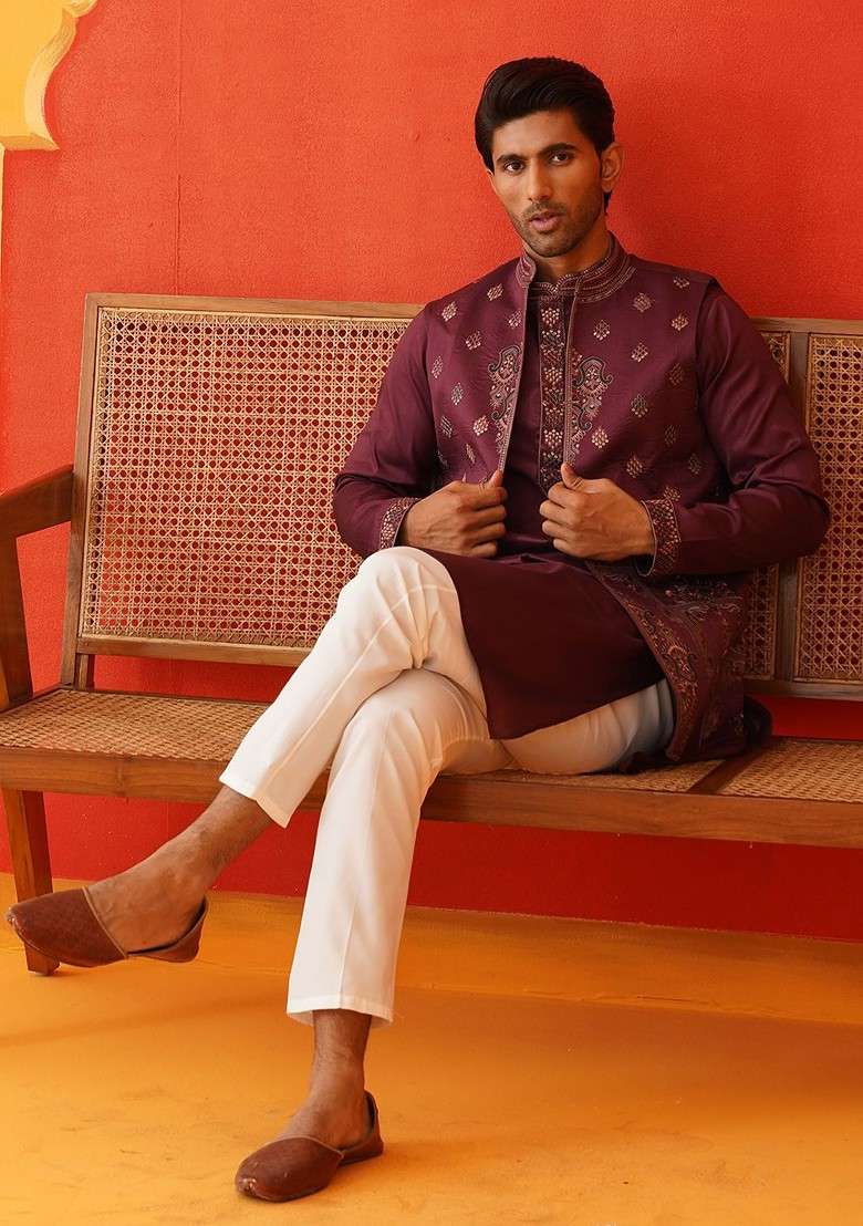 Purple Embroidered Poly Blend Kurta Set For Men - Indya