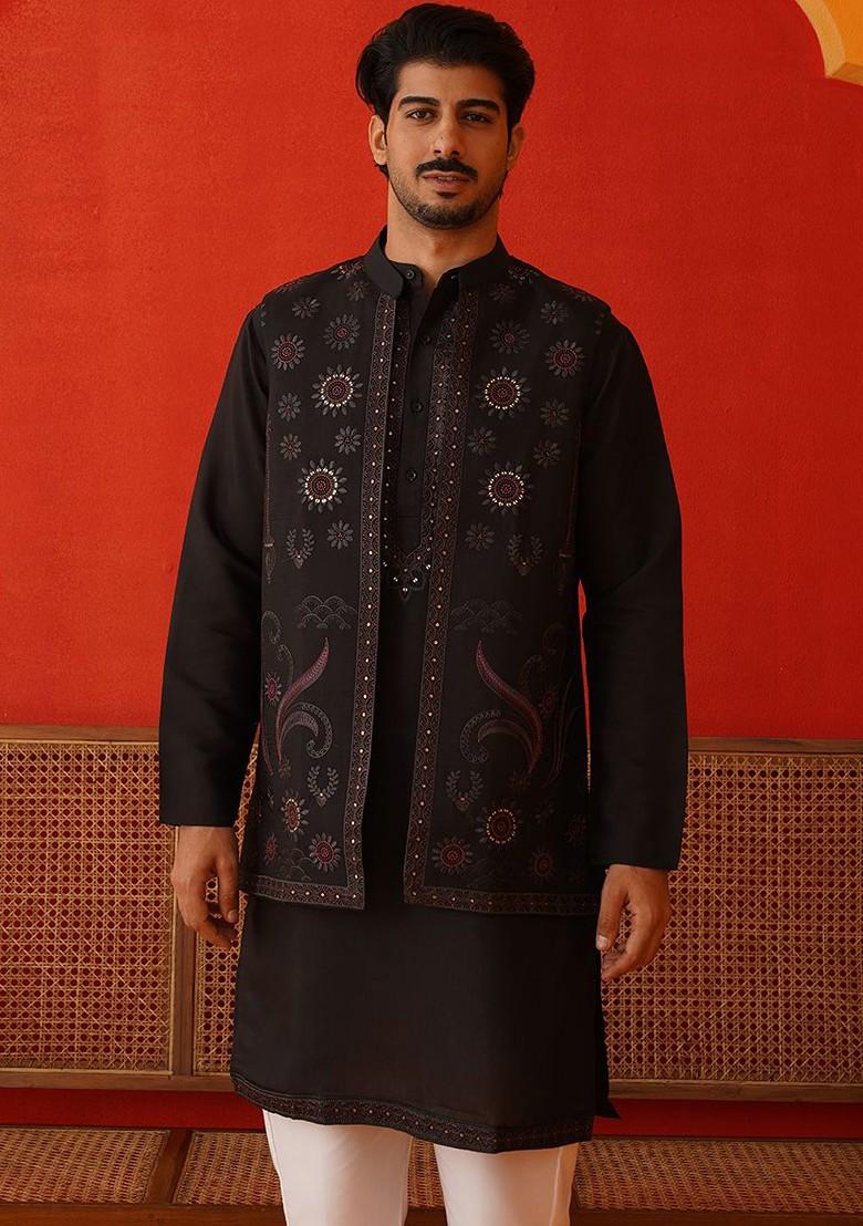 Black Yoke Design Poly Blend Kurta Set For Men