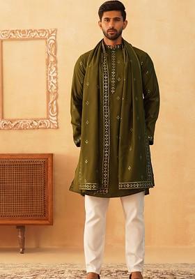 Olive Embroidered Poly Blend Kurta Set For Men