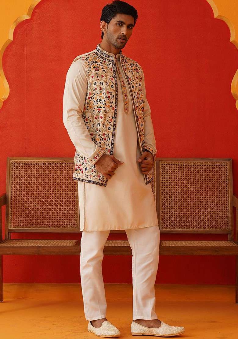 Cream Embroidered Poly Blend Kurta Set For Men - Indya