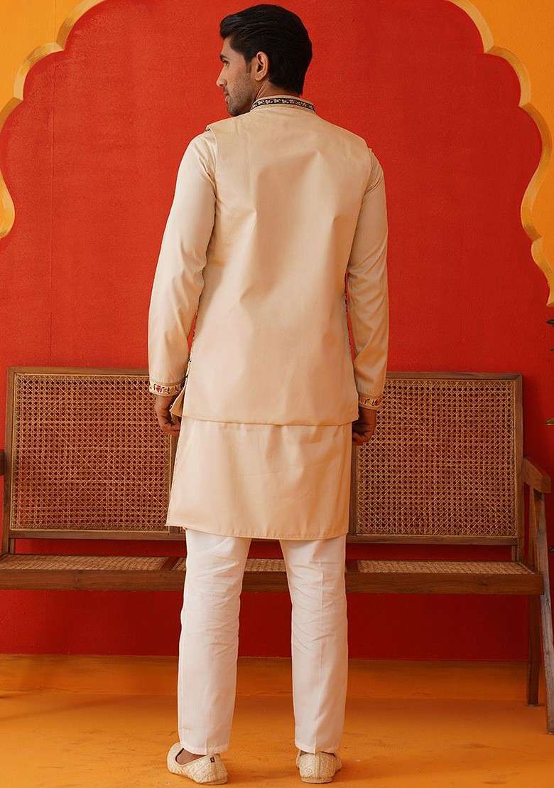 Cream Embroidered Poly Blend Kurta Set For Men - Indya