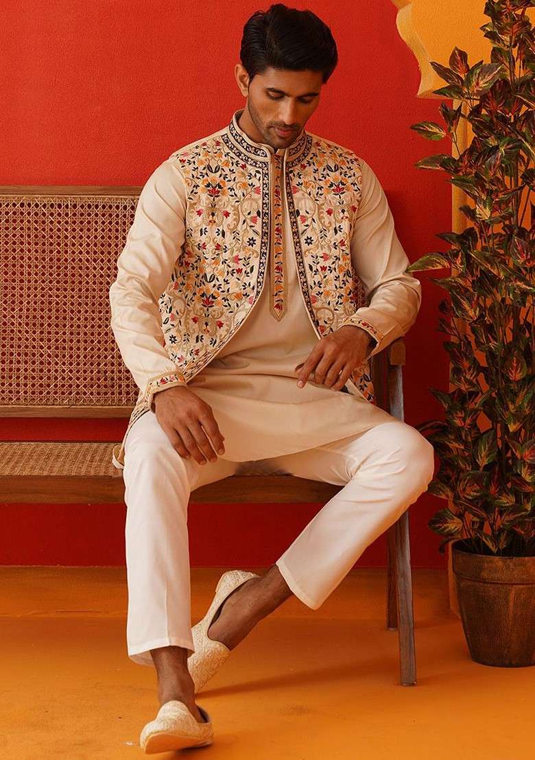 Cream Embroidered Poly Blend Kurta Set For Men - Indya