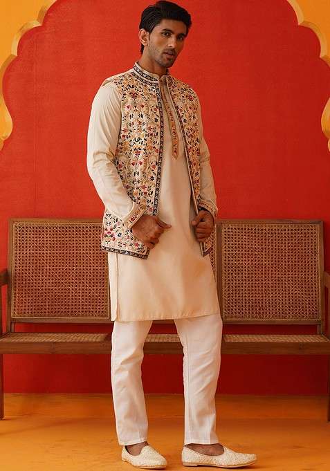 Cream Embroidered Poly Blend Kurta Set For Men