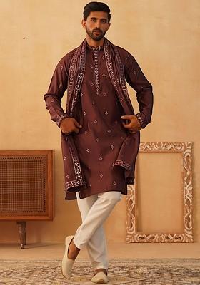 Brown Embroidered Poly Blend Kurta Set For Men