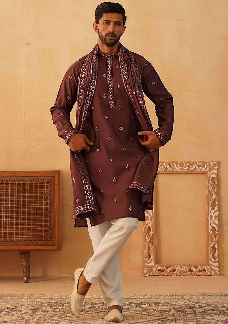 Brown Embroidered Poly Blend Kurta Set For Men - Indya