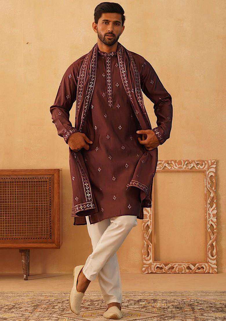 Brown Embroidered Poly Blend Kurta Set For Men