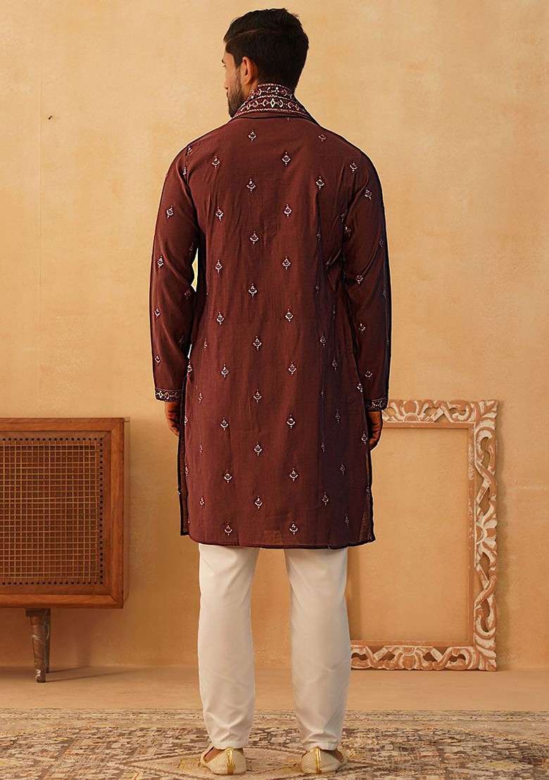 Brown Embroidered Poly Blend Kurta Set For Men - Indya