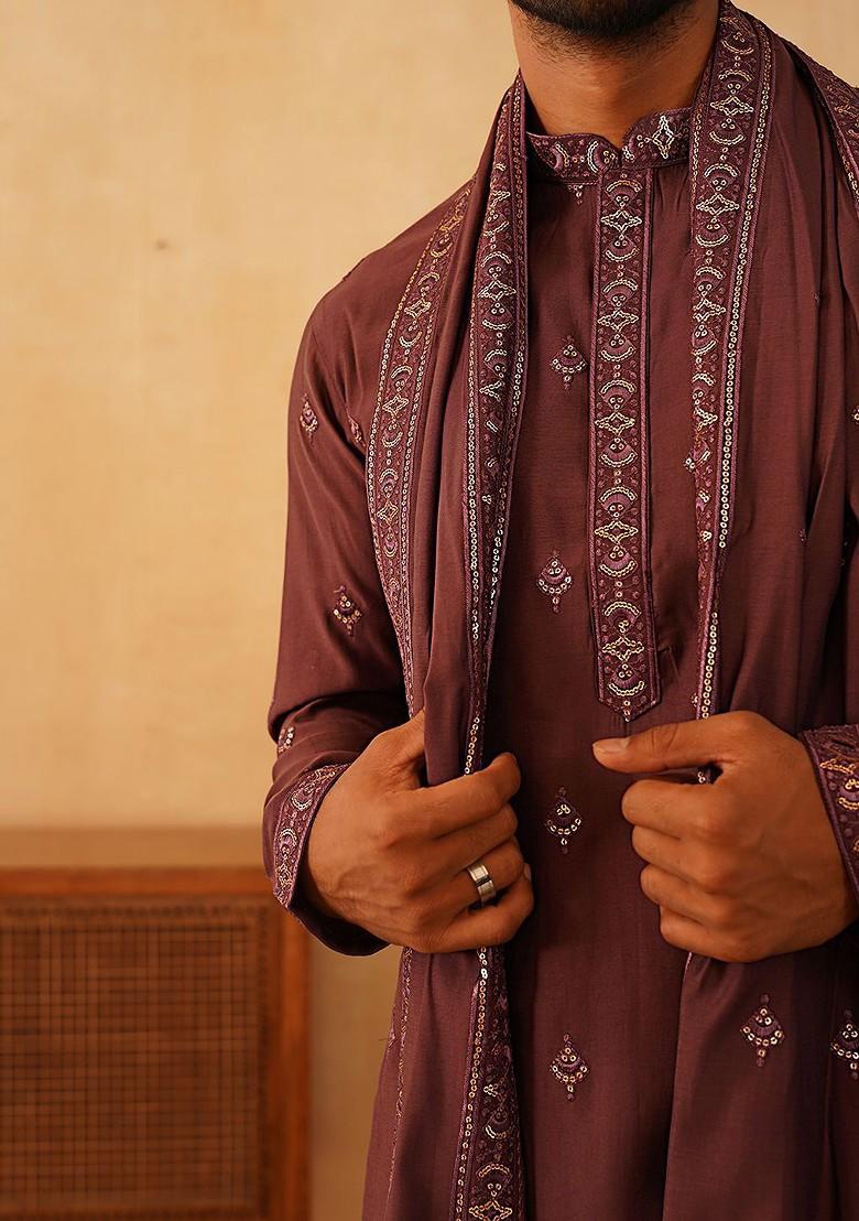 Brown Embroidered Poly Blend Kurta Set For Men
